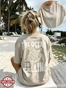 Double-Sided Print Women's Vintage Loose Tee, Turtle & Waves Graphic "The Ocean Is Calling" Text, Drop Shoulder Oversized 100% Cotton Best Seller - 杏色 - 查看 14