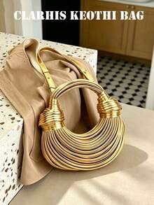 Ladies Luxury Shiny Gold Strap Design Crescent Handbag, Knotted Wrapped Handle Detachable Crossbody Strap For Formal Events Daily Styling - Gold - View 8