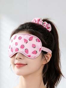 Cute Strawberry Print Travel Beauty Accessories,Eye Mask + Hair Scrunchie + Drawstring Pouch + Clear Makeup Bag + Heart Mini Mirror,Women Portable Travel Beauty Accessories Set,Beauty Products,Souvenir, For Travel,Back-To-School,Gifting,Home Use - Multicolor - View 5