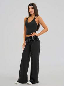 MASKERT Ladies' contrasting color back vest sports pants set yoga training running set tennis golf Pilates - 黑與白 - 查看 5