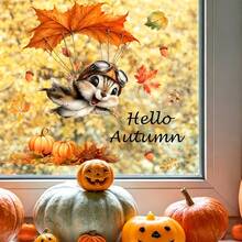 1/3/5入秋季靜電窗貼 Hello Autumn 飛鼠南瓜楓葉貼紙,免膠雙面玻璃貼膜,感恩節派對窗戶裝飾 - 松鼠窗貼 - 查看 2