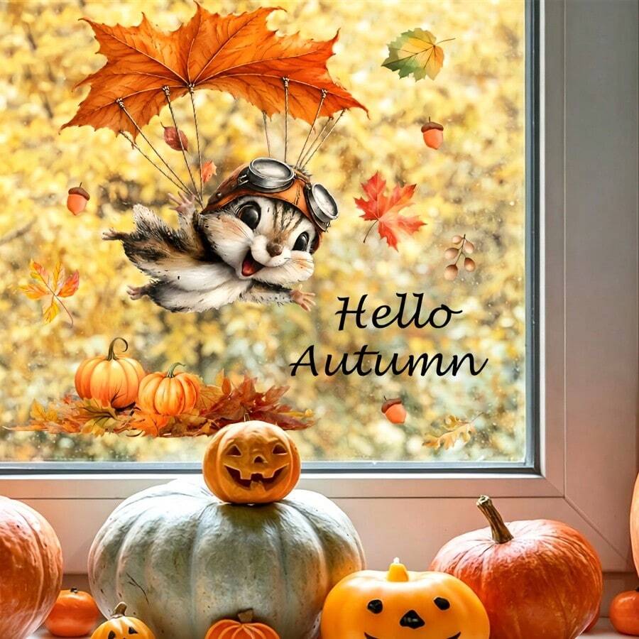 1/3/5入秋季靜電窗貼 Hello Autumn 飛鼠南瓜楓葉貼紙，免膠雙面玻璃貼膜，感恩節派對窗戶裝飾