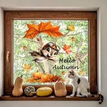 1/3/5入秋季靜電窗貼 Hello Autumn 飛鼠南瓜楓葉貼紙,免膠雙面玻璃貼膜,感恩節派對窗戶裝飾 - 松鼠窗貼 - 查看 6