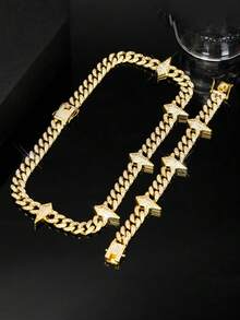 European & American Hip Hop Full Rhinestone Diamond Rhombus Spike Patchwork Cuban Chain Necklace & Bracelet Set, Heavy Rhinestone Studded Thick Chain, Unisex Rap Street Style Accessories, Gold & Silver Dual Colors Available - Spiked Cuban Link Chain - View 6