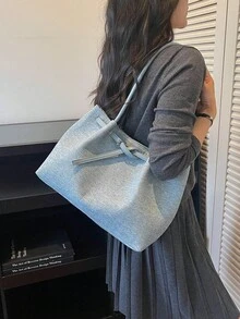 Dedoo 布製托特肩背包，純色皮革蝴蝶結裝飾長手柄優雅日常手提包，大容量，學生後背包，適合大學校園使用 - 藍色 - 查看 2