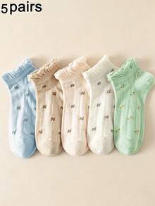 1/5 Pairs Women's Spring/Summer Macaron Ditsy Floral Ruffle Edge Casual Pastoral Style Short Socks, Suitable For Home And Daily Wear - Multicolor - View 7