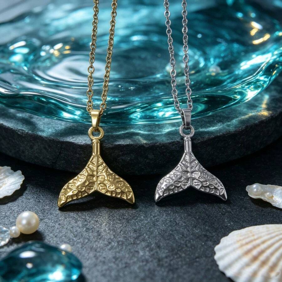 1pc Embossed Fish Scale Mermaid Tail Necklace, Waterproof Hypoallergenic Stainless Steel Delicate O-Shaped Chain, Gold & Silver Dual-Tone Ocean Theme Jewelry, Summer Beach Vacation Birthday Gift, Suitable For Women & Girls - Multicolor - View 1