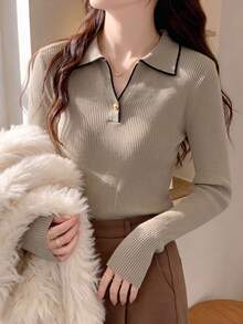 2026 Early Autumn New Polo Collar Knitted Base Layer Top For Women, 3-Button Turn-Down Collar Waist-Flattering Knit Sweater Fall - Khaki - View 3