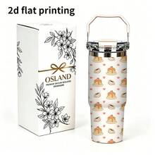 1/5pcs 30oz Vacuum Insulated Tumbler With Gift Box, Cream White Pancake Coffee Cup With Heart Cartoon Print, Foldable Portable Handle, Double Flip Lid Leak-Proof Cup Cover, Double Wall Mug, Suitable For Breakfast Daily, Warm Heart Food Theme Brunch Lover Gift - Dessert - View 7