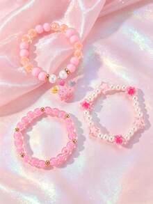 3pcs/Set Girls Colorful Beaded Bracelets, Cartoon Pendant Bow Tassel Bracelet Set, Suitable For Daily Decoration And Gift Giving - Multicolor - View 10