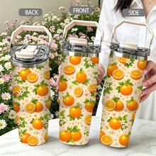 1/5 pezzi Bicchiere termico isolato sottovuoto da 30 once con scatola regalo, stampa di fiori e foglie di arancia crema arancione brillante, manico pieghevole portatile, coperchio a doppio ribaltamento antiscivolo, tazza a doppia parete per spiaggia e campeggio, regalo estivo vivace e fresco con frutta - Arancia - Visualizzare 4