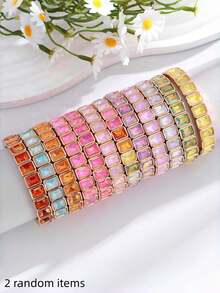 1pc Dopamine Colorful Square Rhinestone Bracelet, Valentine's Day, Sweet Punk Style For Girls - Multicolor - View 18