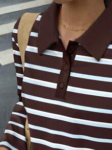 Women's Casual Striped Button-Down Drop Shoulder T-Shirt, Autumn Brown Long Sleeve Aesthetic Blouse - Brown - View 6
