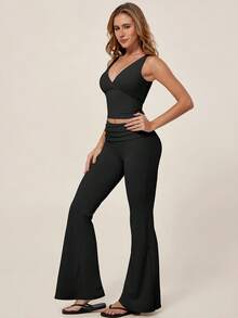 TimeOff 1 Set Women's Solid Color V-Neck Backless Removable Padded Camisole And Flared Leg Pants Sports Suit - Black - View 7