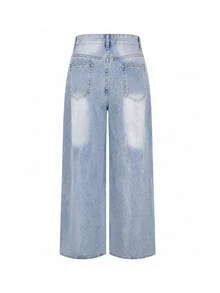 Women's Casual Extra Long Wide Leg Denim Jeans, With Zipper And Pockets, Non-Stretch, Y2K Retro Style - Blue - View 5
