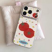 1 buah Casing Ponsel Silikon Motif Kulit Krem dengan Tekstur Titik-titik Kecil Berwarna-warni, Dua Buah Tomat, Label Bahasa Inggris, Jendela Besar, Perlindungan Penuh, Kompatibel dengan Semua Seri Apple, Gaya Korea, Warna Segar dengan Saturasi Rendah, Lembut, Motif Buah dan Sayuran, Pelindung Anti Jatuh - Perak - View 2