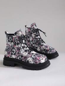 1 Pasang Sepatu Bot Bergaya Punk Y2K dengan Motif Tengkorak dan Sol Tebal, Desain Unik, Sepatu Bot Pendek Setinggi Mata Kaki, Sepatu Streetwear - Grey - View 3