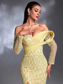 Mint Green Diamond Sequin Embroidered Off-Shoulder Twisted Long Sleeve Lace-Up High Slit Puff Seersucker Train Elegant Luxurious Evening Gown Yellow - Yellow - View 1