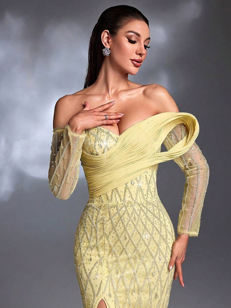 Mint Green Diamond Sequin Embroidered Off-Shoulder Twisted Long Sleeve Lace-Up High Slit Puff Seersucker Train Elegant Luxurious Evening Gown Yellow - Yellow - View 1