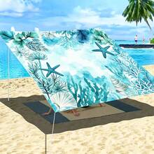 1pc Ocean Starfish Coral Print Outdoor Sunshade Canopy, Lightweight Breathable Waterproof Camping Tarp, Includes Ropes And Ground Stakes, UV Protection Windproof Sun Shelter, Suitable For Beach, Garden, Patio, Picnic, Yard - Baby Blue - View 6