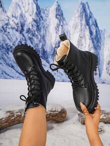 Botas de tobillo de invierno nuevas para mujer, botas de media pantorrilla con forro térmico, diseño con cremallera lateral y cordones delanteros, botas de invierno para exteriores, adecuadas para salidas diarias de invierno, botas negras - Negro - Ver 2