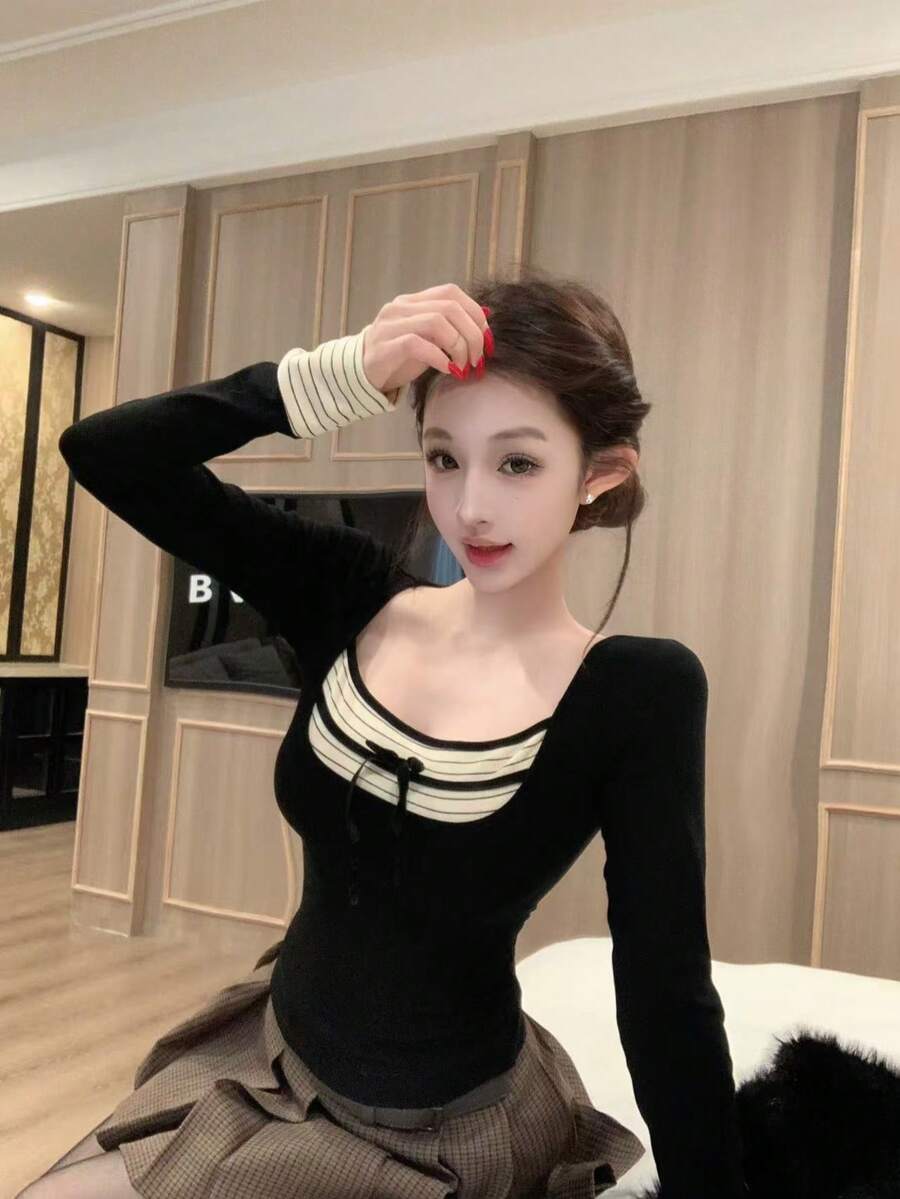 Patchwork Striped 2-In-1 Crew Neck Long Sleeve T-Shirt, Fitted Design Contrast Color Waist Women's Top, Spring/Summer Black - Black - View 1
