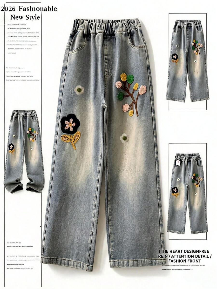 New Tween Girl Girls Towel Embroidery Straight Leg Denim Jeans, Casual Versatile Spring Autumn Jeans For Big Girls - Medium Wash - View 1