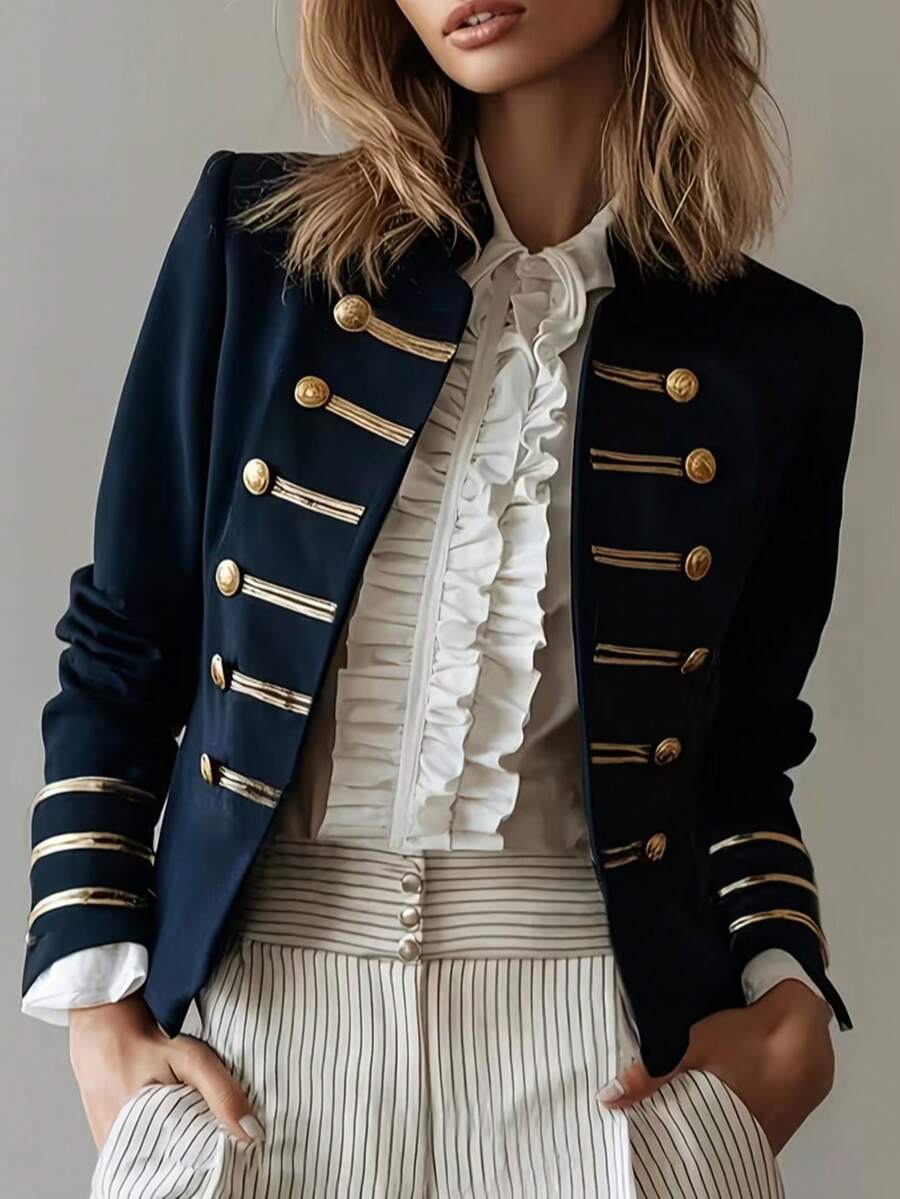 Women's Navy Style Long Sleeve Button Jacket - Navy Blue - View 1