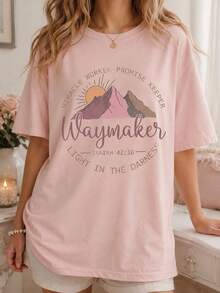 Women's 'Waymaker Light In The Darkness' Pink Cotton Tee Short Sleeve Round Neck Casual T-Shirt For Summer - 粉色 - 查看 1