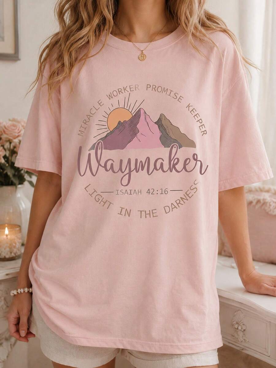 Women's 'Waymaker Light In The Darkness' Pink Cotton Tee Short Sleeve Round Neck Casual T-Shirt For Summer - 粉色 - 查看 1