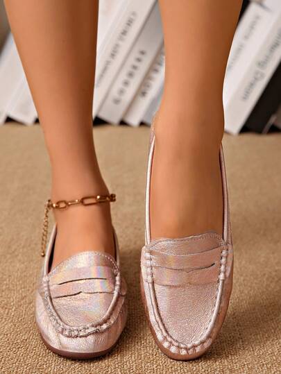 Women's Cracked Metal Penny Loafers, Shallow Slip-On Soft Leather Flat Driving Loafers With Perforated Breathable Insole, Comfortable For Long Standing, Versatile For Commuting, Travel, Workplace, Weekend Shopping, Short Trips, Driving, And Dating