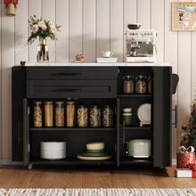Mobile Kitchen Island With Foldable Worktop, Kitchen Trolley, 5 Wheels, Multiple Storage Options, Spice Rack, Cutlery Drawer, 120 X 45 (70) X 90 Cm - 黑色 - 查看 7