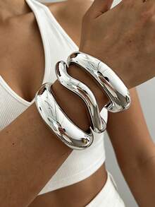 3/1pc Set Vintage Exaggerated Bohemian Style Wide Wave & Geometric Shape CCB Material Silver Open Bangle Bracelet For Women, Spring/Summer Daily, Party, Beach, Vacation, Gift Accessory - Silver - View 6