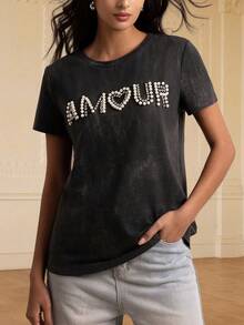 Women's Casual Slim-Fit Crystal T-Shirt With Faded Letter Tie-Dye Pattern For Spring And Summer, Suitable For Daily Wear - Black - View 3