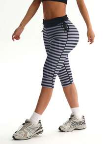 Hidkat Damen Yoga Hose Mode gestreifter Muster hohe Taille Kordelzug Sport Strick Leggings - Verschiedenfarbig - Übersicht 4