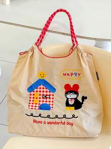 1pc New Casual Embroidered Cat Pattern Lightweight Nylon Large Capacity Foldable Shopping Bag With Drawstring Open Top Shoulder Crossbody Tote - Multicolor - View 10