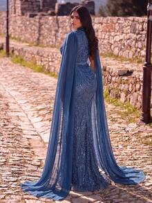 Elegant Long Sleeve Stand Collar Evening Gown With Flowing Cape Design, Suitable For Gala, Red Carpet, Wedding, Evening Party - Dusty Blue - View 2