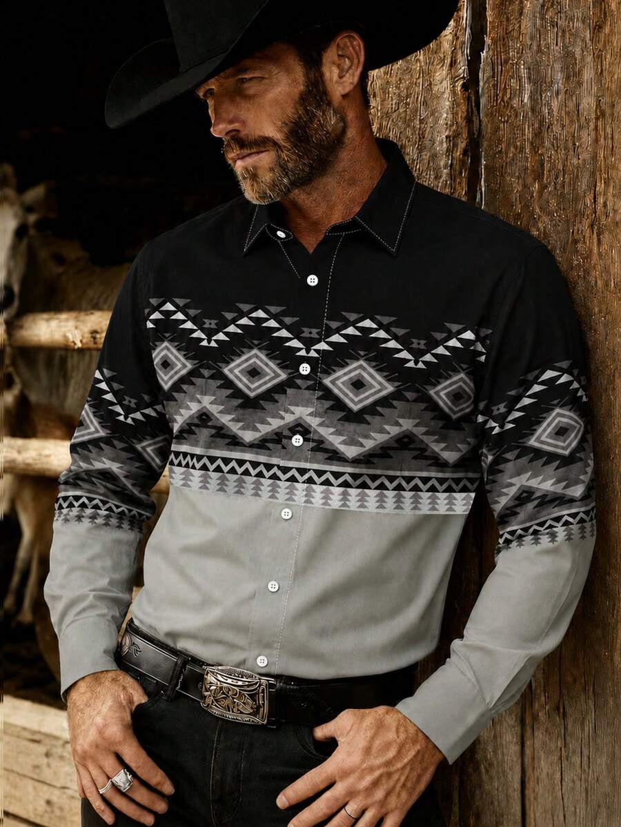 Men's Vintage Western Style Contrast Color Long Sleeve Shirt, Black Collar, Blue & White Geometric Print Patchwork Design Sports - Light Grey - View 1