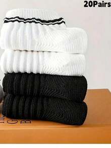 1/5/10/15/20 Pairs Black & White Striped Mid-Calf Socks, Breathable Business Casual, Shark Series Soft Anti-Odor, Unisex Sports Style, Warm Autumn/Winter Christmas Gift - Multicolor - View 12