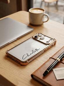 客製化姓名手機殼，相容 iPhone 17 Pro Max 17 Air，透明防震電鍍鏡頭膜相機保護，壓克力 + TPU 緩衝保護殼，相容 iPhone 17 Pro Max，適合聖誕節 - 金色 - 查看 5