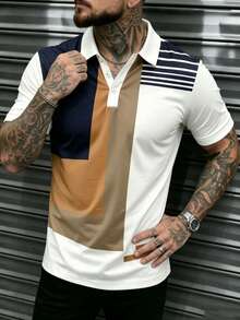Men's Designer Striped Print Short Sleeve Polo Shirt - Multicolor - View 4