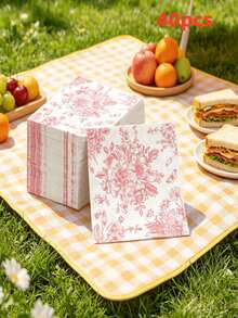 5/20/40pcs Blue & Pink Vintage Line Floral Pattern Disposable Napkins, French Style Hand-Drawn Botanical Print Cocktail Napkins, 13*13 Inch 2-Ply Thick, Suitable For Weddings, Birthday Parties, Afternoon Tea, Baby Showers And Party Table Decor - Multicolor - View 11