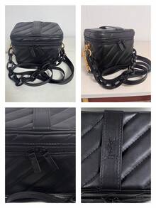 Yves Saint Laurent 黑色斜紋紋理皮革方形化妝包，內置鏡子，雙拉鍊大容量收納盒，附DIY粗鏈條肩帶，斜背與手提二合一，通勤旅行奢華女款化妝禮品 - 黑金色 - 查看 7