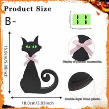 1pc Wooden Black Cat Tabletop Sign Decor, With Pink Bow And Green Cat Eyes Glow In Dark Sticker Decoration, Autumn Halloween Household Desk Shelf Party Supplies. - Multicolor - View 15
