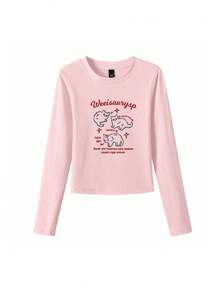 Pink Short Crew Neck Regular Shoulder Long Sleeve T-Shirt For Women, Minimalist Cat & Letter Print, Early Autumn Base Layer Slim Fit Versatile Top - Pink - View 6