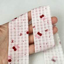 2 Yards Cherry Bow Print Light & Dark Plaid Mesh Ribbon, Bouquet Decoration Satin Ribbon, Suitable For Handmade Bouquets, Gift Wrapping, Gift Ribbon, Floral Ribbon, Wedding Gifts, Crafts, Bows - 1pc Pink - View 3