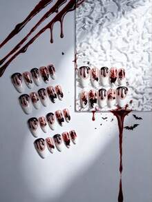 10pcs Handmade Almond Shape 3D Gel Press-On Nails, Halloween Horror Blood Drip & Splatter Gothic Style Fake Nails, Reusable Women's Funny Costume Nail Tips - Red - View 3