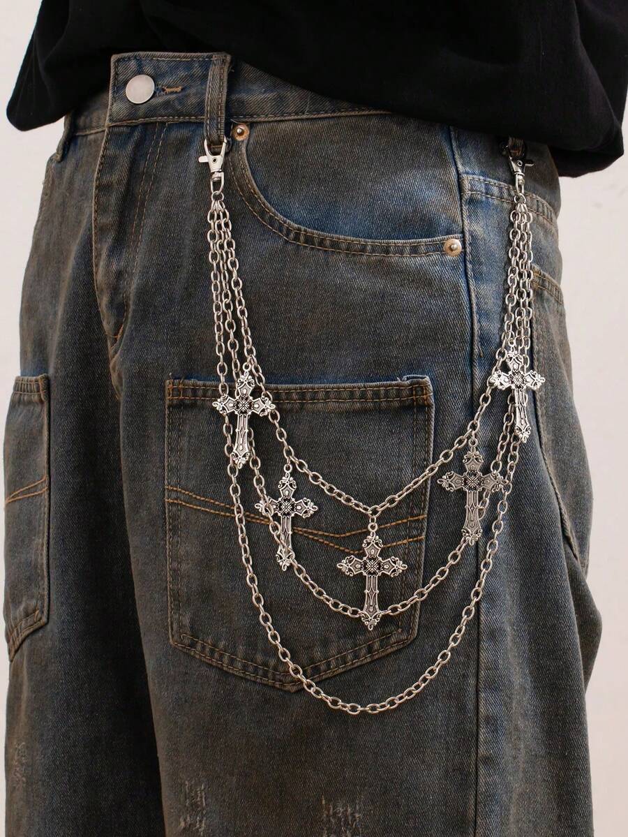 1pc Gothic Style Multi-Layer Stacked Cross Tassel Pendant Geometric Chain Body Chain Pant Chain, Vintage Hip Hop, Holiday Party, Casual Daily, Street Photography, Men's Couple Birthday Banquet Versatile Charming Jewelry Pant Chain Gift - Silver - View 1