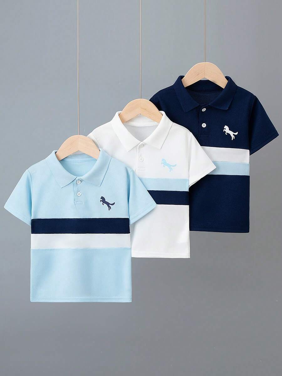 3pcs/Set Boys Summer Polo Shirts, Casual Versatile Thin Short Sleeve T-Shirts With Color Block & Print, Suitable For 4-12 Years Old - Multicolor - View 1