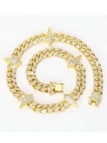 European & American Hip Hop Full Rhinestone Diamond Rhombus Spike Patchwork Cuban Chain Necklace & Bracelet Set, Heavy Rhinestone Studded Thick Chain, Unisex Rap Street Style Accessories, Gold & Silver Dual Colors Available - Spiked Cuban Link Chain - View 13